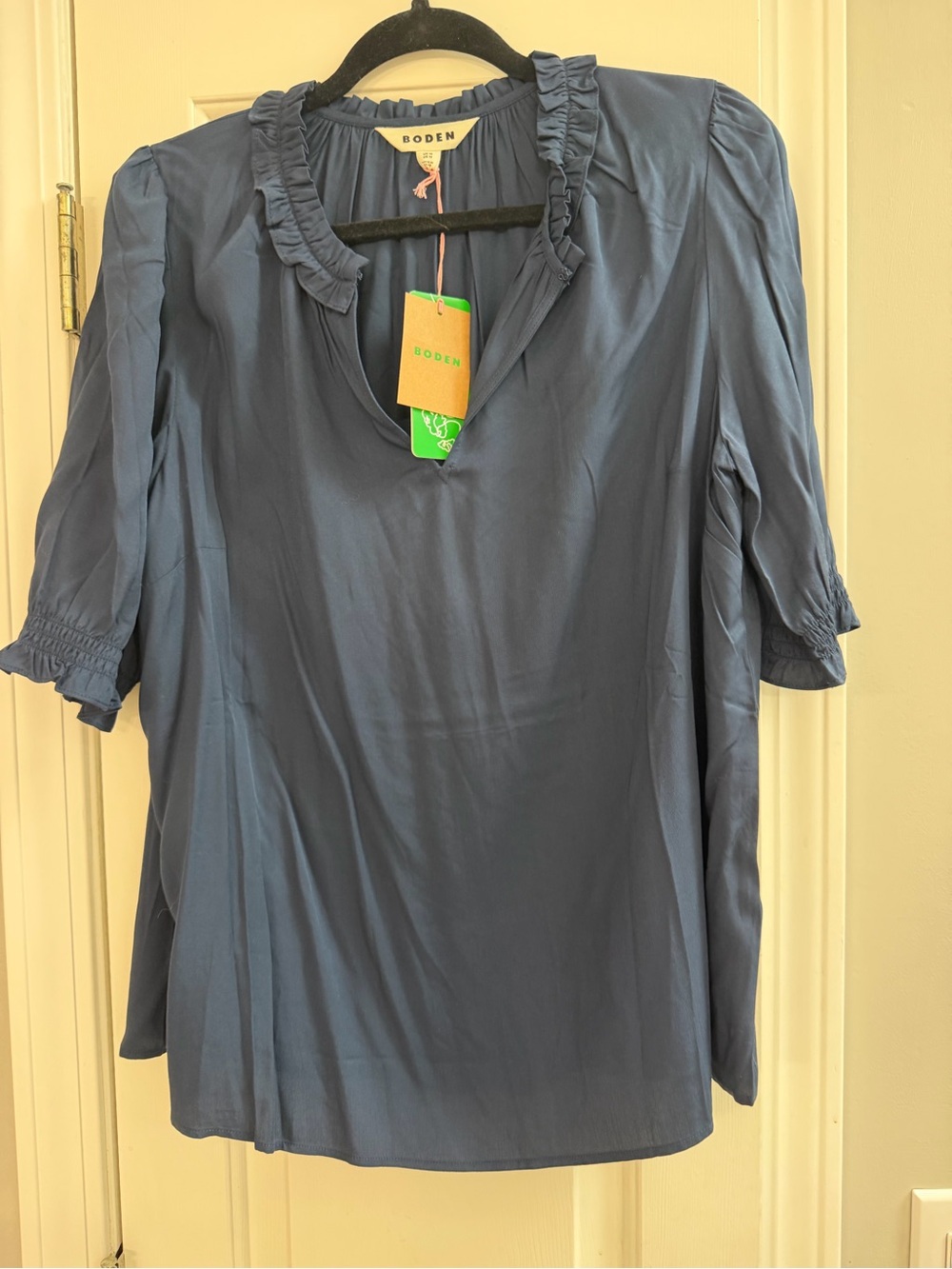 Boden Navy Ruffle-Trim V-Neck Blouse